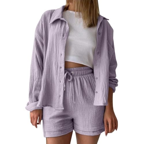 Lavender Travel Sets for Women Clothes Cotton Shirt and Shorts Co Ord Loungewear Sets with Loose Fit Shorts and Button-Up Shirt Fashion 2026 Outdoor Leisure Wear Size 12