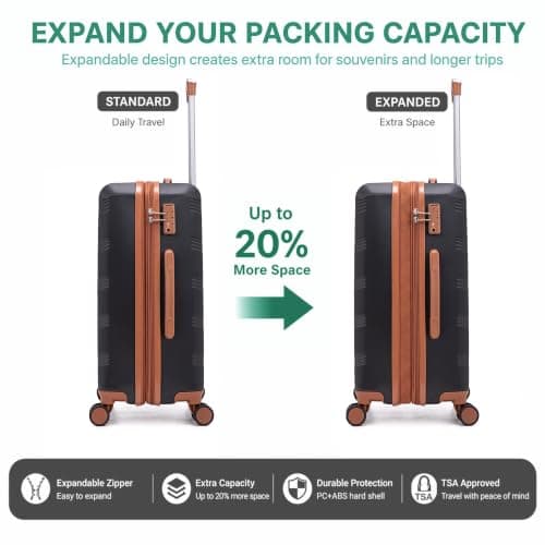 CONCEPTEN Expandable Hardshell Luggage Set 5 Piece, 22x14x9 Airline Approved Carry On, 20/24/28" Suitcase Set with TSA Lock, Spinner Wheels, ABS+PC (Black) — view 6