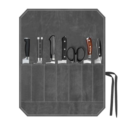 Megcdtr Knife Roll Bag, Knife Roll for Chefs, 7 Slots Waxed Canvas Knife Bags, Portable Tool Storage Bag with Drawstring, Suitable for Home Kitchens Camping Hiking and As a Gift for Chefs (Grey)