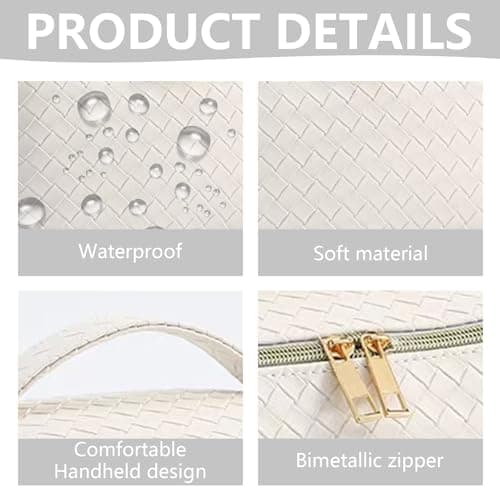 HUANYO Large Capacity Makeup Bag for Women, PU Leather Waterproof Travel Cosmetic Organizer with Handle & Divider, Portable Flat Lay Toiletry Bag (White) — view 3