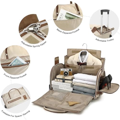 TONRUYN Rolling Garment Bags for Travel Suit Dress Bag with Wheels Handle 55L Carry on Garment Duffle Bag for Women with Shoe Compartment 3 in 1 Foldable Travel Luggage for Business Wedding, Beige — view 3