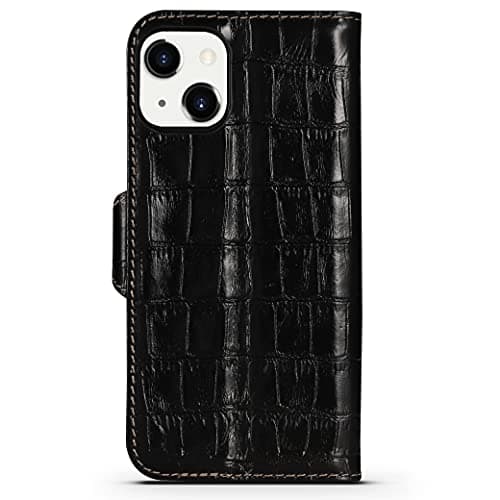 nincyee Genuine Leather Wallet Case for iPhone 13,Classic Crocodile Pattern Real Leather Flip Stand Case Cover with Card Slot Black — view 3
