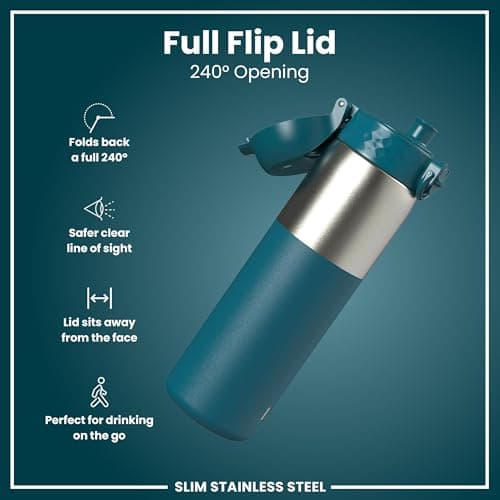 ION8 Lightweight Steel Water Bottle, 600ml/20oz, Non-Insulated, Leak Proof, Easy to Open, Secure Lock, Dishwasher Safe,Flip Cover, Fits Cup Holders,Carry Handle, Metal Water Bottle, Half Cut Deep Teal — view 4