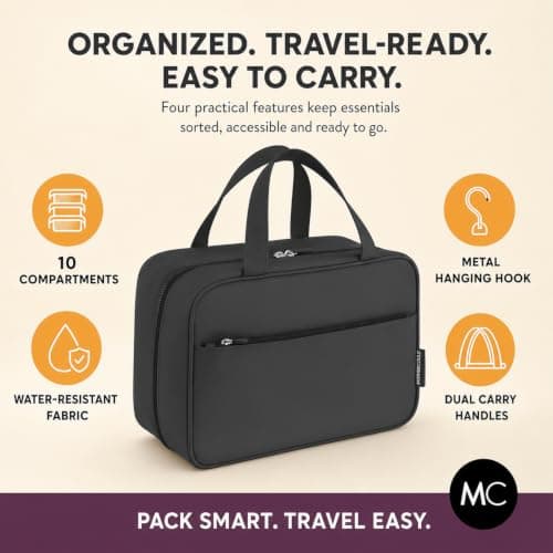 Kids Travel Organizer - Multi-Compartment, Water-Resistant Hanging Bag for Toys, Snacks, & Activities - Compact, Lightweight Design with Hook & Carry Handle - Perfect for Travel Use (Black, Large) — view 2