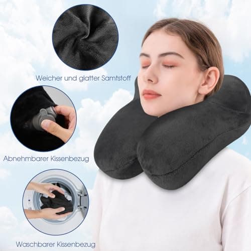 Travel Pillow, Neck Pillow Inflatable for Aeroplane with Ear Plugs, Soft Velvet, Ergonomic Neck Pillow, Travel Pillow, Inflatable for Office, Plane, Car, Travel, Camping, Sleeping Rest Pillow (Black) — view 4