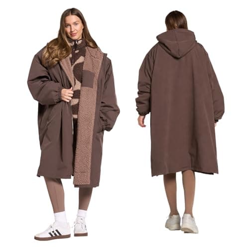 OHS Rain Coats for Women Men, Oversized Waterproof Changing Robe Fleece Lining Women's Jackets with Hood & Pockets Drying Robe Lightweight Ladies Jackets for Outdoor Travel, Brown - L/XL