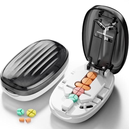Pill Cutter Splitter for Small and Tiny Pills, 1/2 1/4 Pill Splitter for Small Pills,Vitamins, Tablets in Half or Quarters, Accurate and Easy Cutting, Stainless Steel Blade, Back Storage (Black+White)