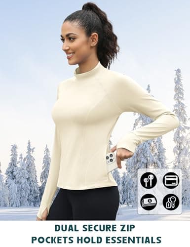 IECCP Women's Workout Tops Long Sleeve Undershirt Thermal Fleece Warm Hiking Ski Base Layer Shirts with Thumb Holes and Pockets M Apricot — view 4