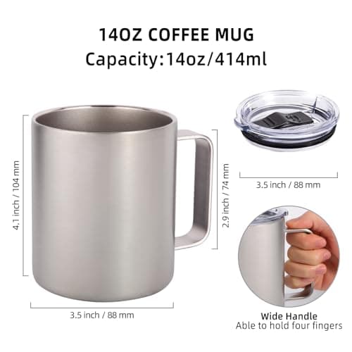 Volhoply 14oz Insulated Stainless Steel Coffee Mug with Leakproof Lid,Double Wall Vacuum Travel Coffee Cup with Handle,Reusable Metal Tumbler,Camping Mugs Keep Hot,Christmas Gifts(Silver,1) — view 2
