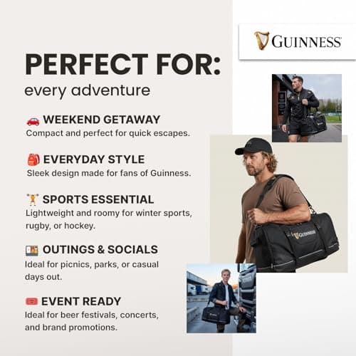 Guinness Official Sports Holdall – Black Duffel Bag with Shoulder Strap, 59x31x29cm, Gym, Travel & Weekend Bag, Spacious Main Compartment, Side Pockets, Branded Zippers — view 6