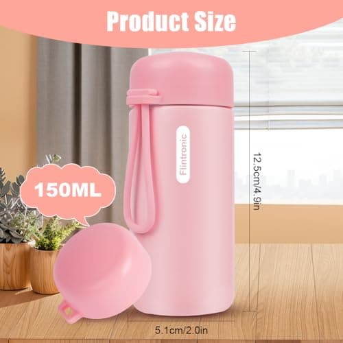 flintronic 150 ML Mini Thermal Flask, Stainless Steel Insulated Water Bottles, Double Wall Vacuum Small Flask, Leakproof Drinks Bottle with Carry Handle for Hot&Cold Drinks, Coffe, Juice - Pink — view 2