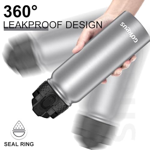 GOPPUS 600ml/20oz Stainless Water Bottle with Straw Double Wall Insulated Bottles with Strap One Hand Open Vacuum Thermal Flask with Flip Top Lid Leakproof Keep Cold Drinks BPA Free (Steel) — view 3