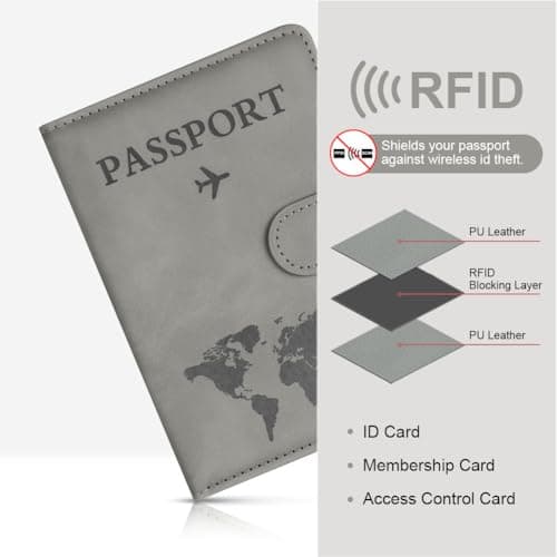 OFFCUP Passport Holder Cover, PU Leather Passport Cover and Luggage Tag Set with RFID Blocking Travel Wallet, Universal Travel Wallet Case Organiser for Money, Boarding Passes, Credit Cards Gray — view 5