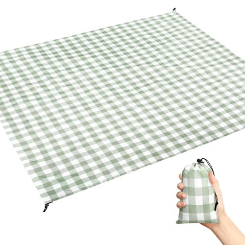 HunnmingRe Gingham Pocket Picnic Blanket Lightweight Portable, Sage Green
