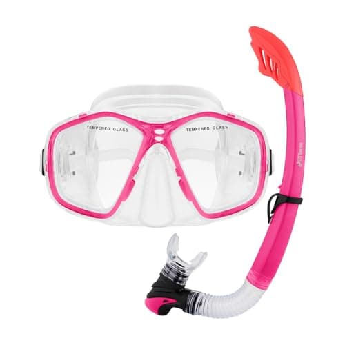 Two Bare Feet Adult PVC Snorkel & Mask Set – Anti-Fog Tempered Glass Diving Mask with Adjustable Snorkel for Snorkelling, Swimming & Scuba Diving (Pink)