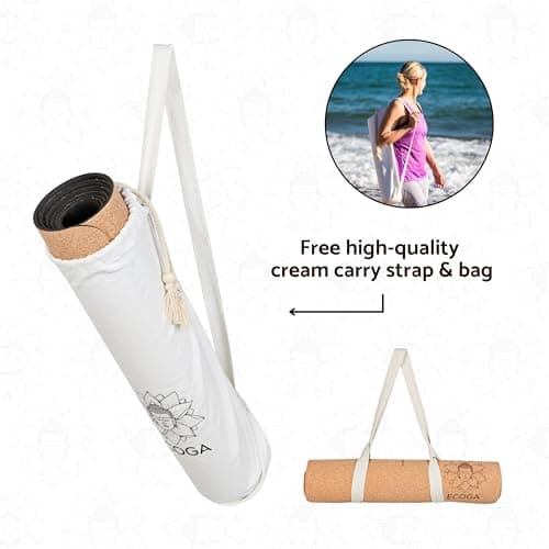 Ecoga Cork Yoga Mat With Alignment Lines - Thick Mat with Natural Rubber Base - Nonslip, Eco-friendly Pilates Mat for Stretching, Gym Workout & Therapy - Includes Yoga Mat Bag and Carry Strap — view 4
