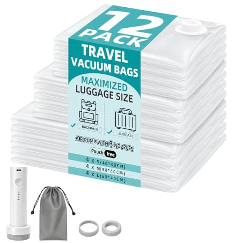 Travel Vacuum Storage Bags with Rechargeable Pump – Pack of 12 Reusable Compression Bags for Clothes, Space Saver Suitcase Organiser for Cabin Luggage, Holidays & Home Storage