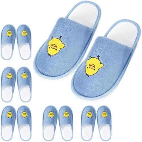 NUHUi 6 Pairs Kids Disposable Spa Slippers Age 4-8 Indoor House Hotel Kids Guest Spa Smiling Yellow Chicken Face Blue 4.5-5 Years Big Kid, blue, 4.5-5 Years