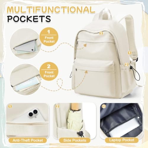 HYC00 School Backpack Womens, Unisex Casual Daypack High Secondary School Bags for Teenage Girls Water Resistant Laptop Backpack Travel College Rucksack Backpacks for Women Men Schoolbag, K3-Beige — view 4