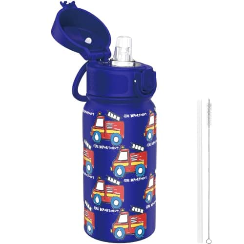 GOPPUS 350ml/12oz Kids Stainless Steel Water Bottle with Straw Toddler Drinks Bottle with Handle Small Insulated Bottles School Cold Metal Flask with Flip Top Lid BPA Free (Blue Fire Engine)