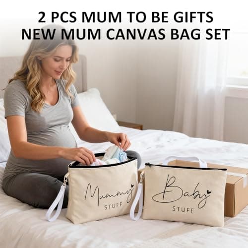 2Pcs New Mum Gifts Canvas Bag Set, Mum to Be Gift Zipper Pouch, Baby Shower Gifts for Mums, Pregnancy Present for Expecting Mother Baby New Mom Gift, Mummy & Babys Storage Cosmetic Bags — view 4