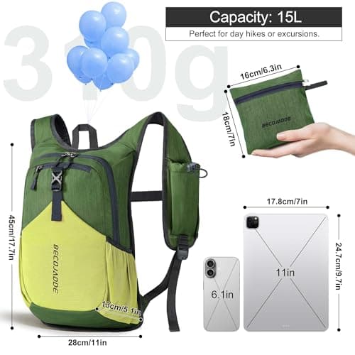 BECOJADDE 15L Hiking Backpack for Men Women Foldable Small Rucksack Lightweight Mini Backpack for Camping Travel Outdoor, Olive Green Yellow — view 4