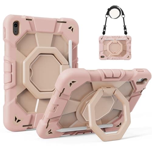 KVTVOU Shockproof Case for NEW iPad Air 11 Inch 2026/2025/2024 (M4/M3/M2), 360° Rotating Stand/Pencil Storage/Shoulder Strap, Military Grade Drop Protection Cover for iPad Air 11, Pink