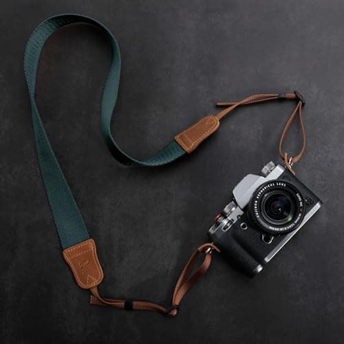 Padwa Lifestyle Dark Blue Green Camera Strap -Double Layer Crazy Horse Cowhide End,1.5" Wide Pure Cotton Woven Camera Straps,Adjustable Neck Shoulder Strap for All DSLR Cameras,Gift for Photographers — view 5