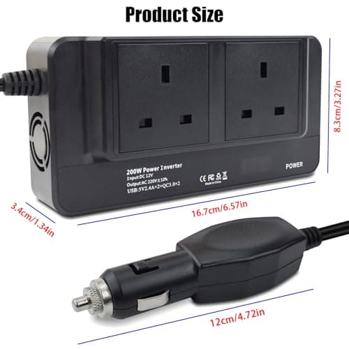 200W Portable Car Power Inverter 12V to 230V DC to AC Converter with Cigarette Lighter Plug, 2 AC Sockets 4 USB Ports Fast Charging LED Digital Display Multiple Protection for Camping Road Trips — view 2
