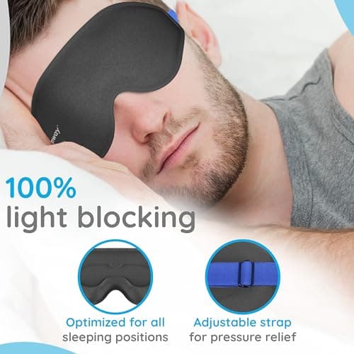 Dreamway 100% Blackout Sleep Mask - 3D Contoured - Memory Foam - Ice Silk Fabric - Seamless Fit - Includes Storage Pouch - Blackout Mask for Sleeping - Sleep Mask for Eyes (Black/Blue) — view 3