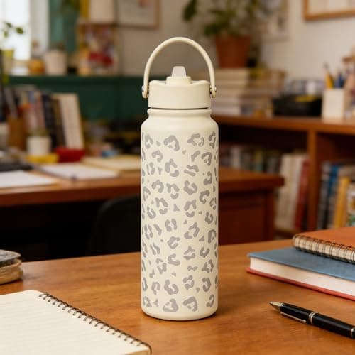 Bryxora Insulated Water Bottle with Straw Lid (800ml) - 24 Hours Cold - Iced for 48 Hours - Leakproof - BPA Free - Easy to Carry - Vacuum Insulated Double Walled Stainless Steel Flask (Cream Leopard) — view 6