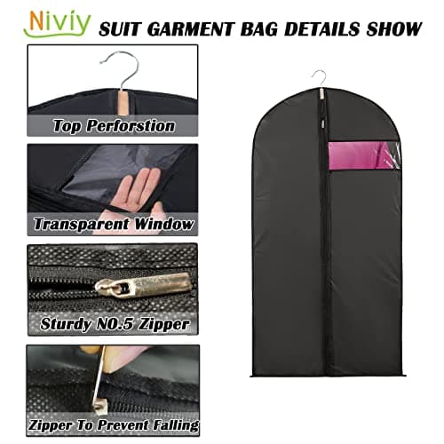 Niviy Suit Bags 60 x 100 cm, Black Garment Covers with Zip & Clear Window — view 2