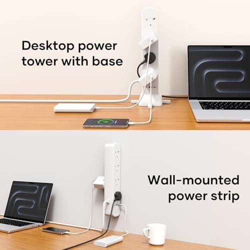 Tower Extension Lead 2m, 8 Way Socket Surge Protector with USC Ports Power Strip Multi Plug 3120W Safety Shutter for TV PC Laptops Tablets — view 5