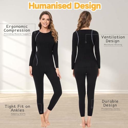 Women Thermal Base Layer Set, Quick Dry Velvet Lined Compression Long Sleeve Tops and Leggings for Ladies Girls Winter Warm, Soft Athletic Stretch Underwear for Biking Ski Running Gym Sport Black — view 3