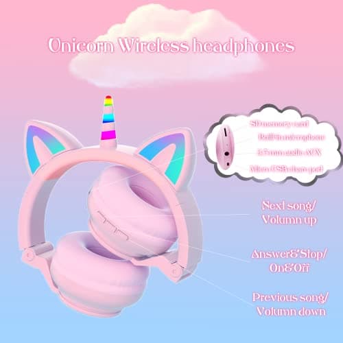 YUSONIC Unicorn Headphones, Bluetooth Headphones for Girls Boys Laptop Tablet, LED Lighting Kids Headphones for Birthday Travel School Gifts (Purple 27) — view 6