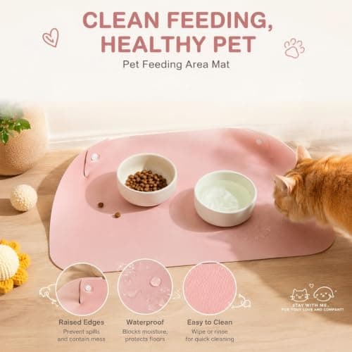 Pet Feeding Mat, Pink Waterproof Cat Dog Placemat 45x30cm with Foldable Raised Edges, Wipe-Clean PU Leather Dog Bowl Mat for Food Water Bowls, Cats & Small Dogs — view 5