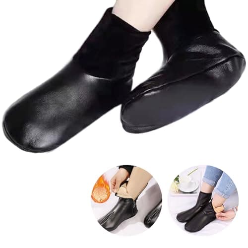 alloneslife Women Men Winter Warm PU Faux Leather Slipper Socks Fleece Lined Thermal Indoor Outdoor Home Slip Middle Tube Socks(Black straight) — view 2