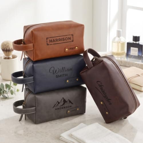 Personalised Mens Wash Bag, Leather Toiletry Bag for Men, Travel Dopp Kit — view 2