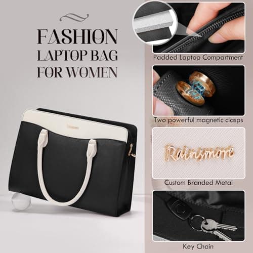 RAINSMORE Laptop Bags for Women 15.6 Inch Ladies Work Bag PU Leather Designer Laptop Handbag Large Laptop Tote Bag for School Computer Business Travel Black and White — view 6