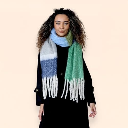 Daisy Dreamer Women Chunky Knit Bright Blanket Scarf Long Plaid Wrap Winter Warm Check Scarves Shawls with Tassel Gift for Ladies, Green/Blue Stripe — view 2