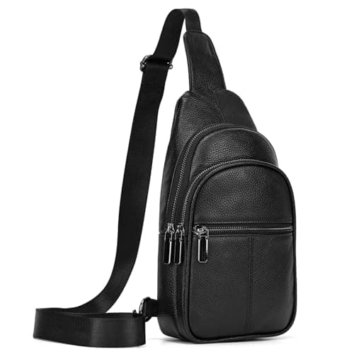 Yevabo Genuine Leather Men's Chest Bag Sling Crossbody Backpack - Anti-Scratch Multi-Pocket Adjustable Strap for Travel Hiking Commuting Daily Use, Black