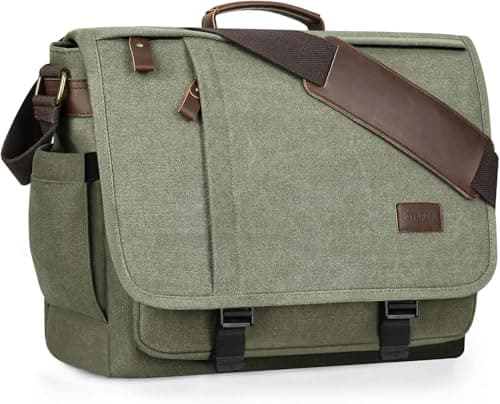 Estarer Messenger Bag 17.3 Inch Upgraded, Water-resistant Canvas Laptop Bag, Computer Shoulder Bag for College Travel Work,Army Green