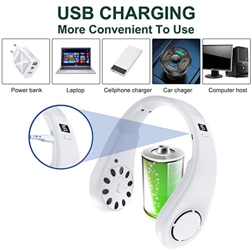 Neck Fan, Portable Neck Fans Rechargeable, 5 Speeds USB Personal Bladeless Fan 3000mAh Battery, Wearable Hands-Free Cooling Fan for Men & Women, Leafless Hanging Mini Fans for Outdoor Travel (White+) — view 6