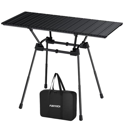 FUNYKICH Aluminum Roll Up Camping Table(89x40cm), 4 Height Adjustable Ultralight Folding Camp Table Up to 70cm, Portable Folding Table with Carry Bag for Camping, Picnic, BBQ, Party, Backyard, Beach