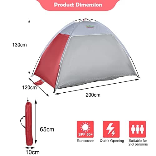 Unibos Large Pop Up Beach Tent for (2-3) Person, Portable Automatic Waterproof Sun Shade Tent Easy Set Up Lightweight Pest Proof UV 50+ Sun Shelter with Extended Zippered Porch (Red) — view 3
