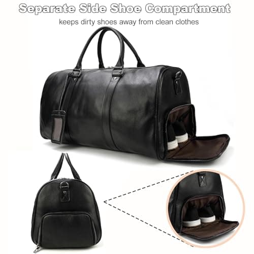 Yevabo Genuine Leather Travel Bag Large Capacity Weekender Bag for Men Women, Airplane Carry-On Luggage with Multi Compartments for Travel Gym, Black — view 4