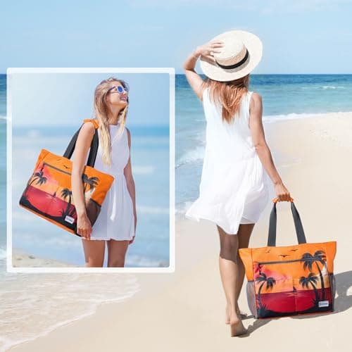 G4Free Large Beach Bag for Women Waterproof Sandproof Beach Tote Bag with Makeup Bag Zipper Pocket(Sunset Pattern) — view 2