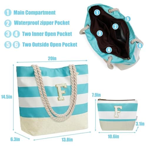 Vavabox Initial Beach Bag with Zip＆Pockets, Personalised Gifts for Women(L) — view 5