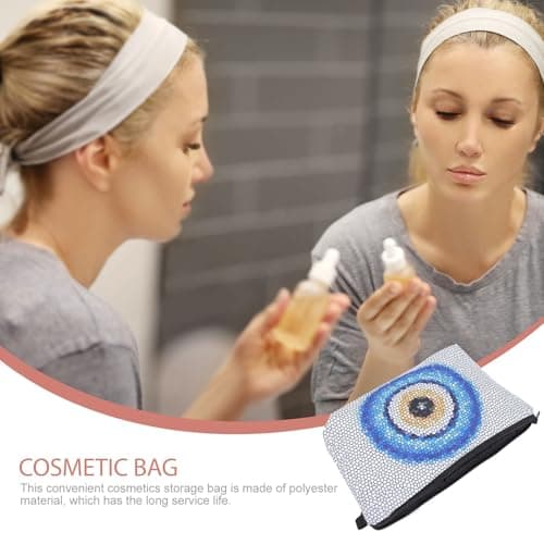 SECFOU Stylish Silver Toiletry Bag Portable Polyester Makeup Organizer Pouch for Camping and Travel Waterproof Travel Cosmetic Bag with Evil Eye Design for Women — view 3