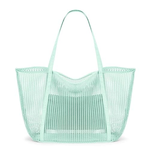 KALIDI FANCY FOREST Foldable Mesh Beach Bag with Zip, 27L Large Mesh Tote Bags for Women Ladies Summer Beach Tote Bag for Holiday Travel,Mint Green